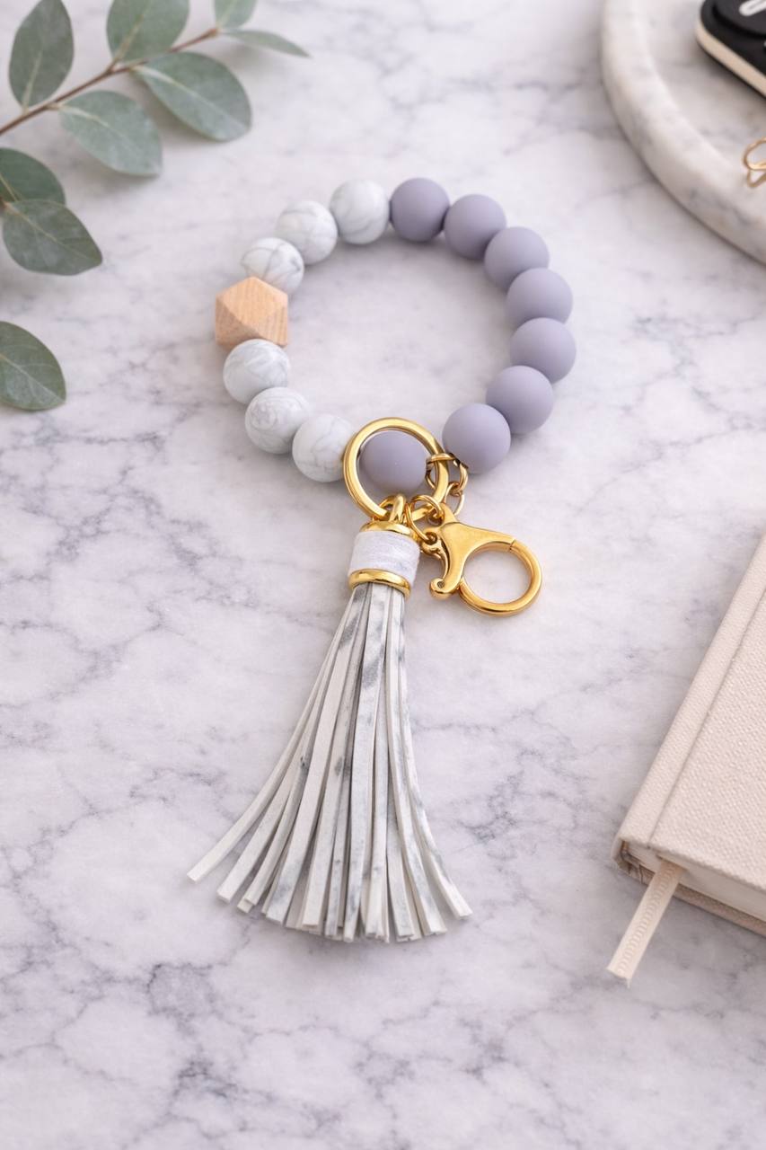 Gray Marble Bracelet Keychain — Personalized Wristlet with Engraved Charm