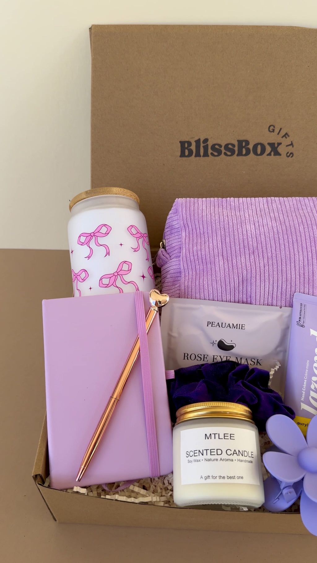 Cozy Gift Box with Candle & Blanket, Relaxation Set for Birthday, Thank You or Get Well Gift, Elegant / Lilac Serenity Box