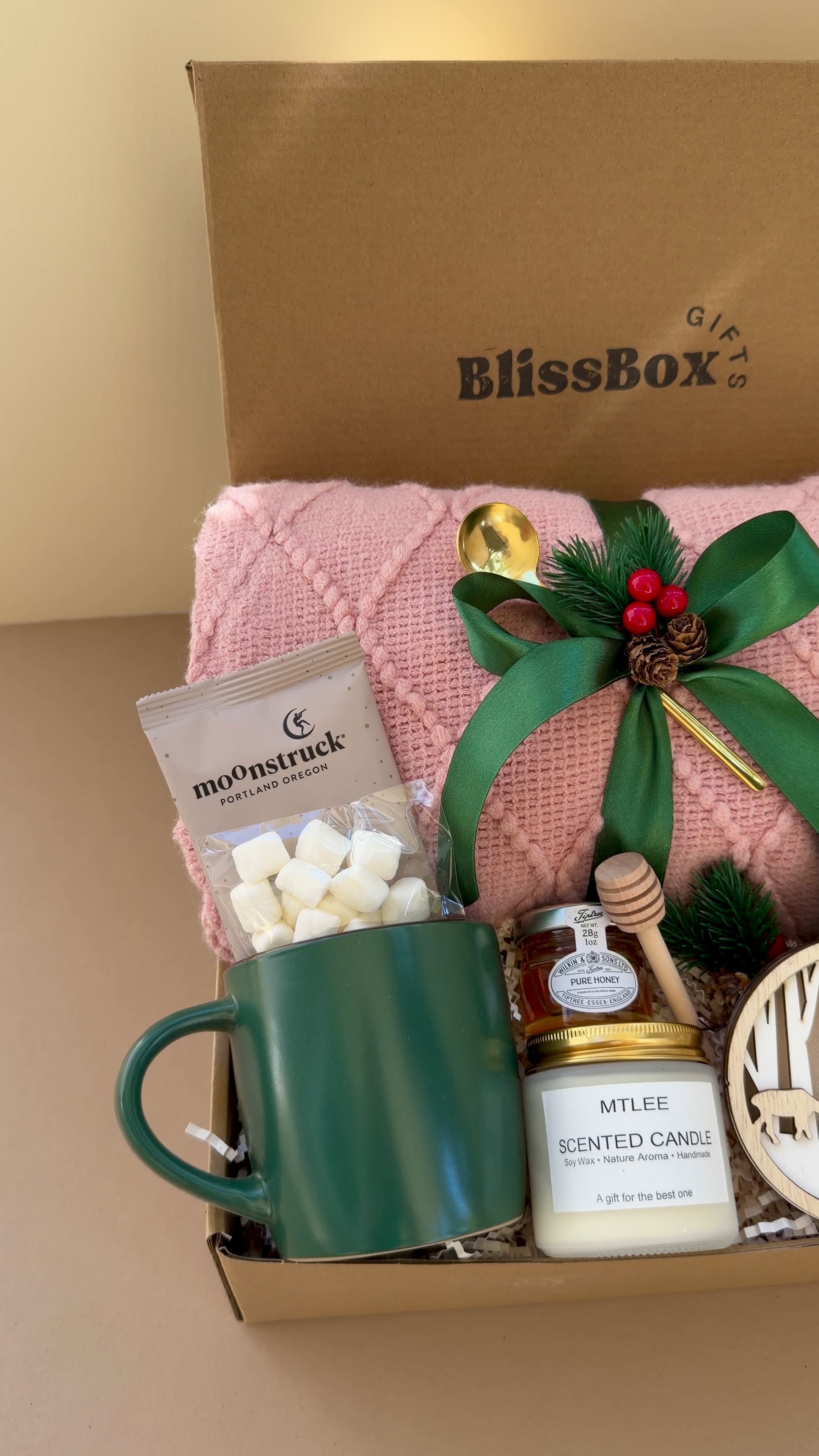 Christmas Gift Box, Pink Holiday Spa Set with Candle & Blanket, Cozy Winter Gift for Women or Mom, Self Care Package | Pink Noel Box