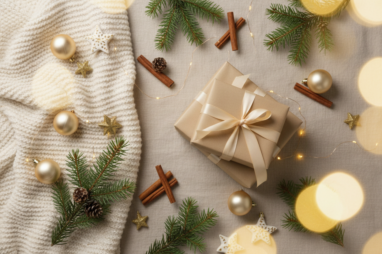 Warm Christmas flatlay with plush throw blanket, pine greenery, cinnamon sticks, ornaments, sparkling fairy lights, golden stars, and neutral beige gift wrap. No text. Beautiful soft-focus background designed for website hero banner. Editorial high-end photography, balanced composition.